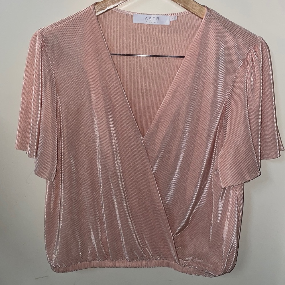 Astr Pink Pleated Velvet Wrap Blouse